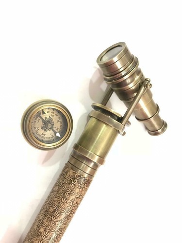 Antique Brass Compass Wooden Stick~Transit Telescope Handle Walking Cane - Picture 3 of 6