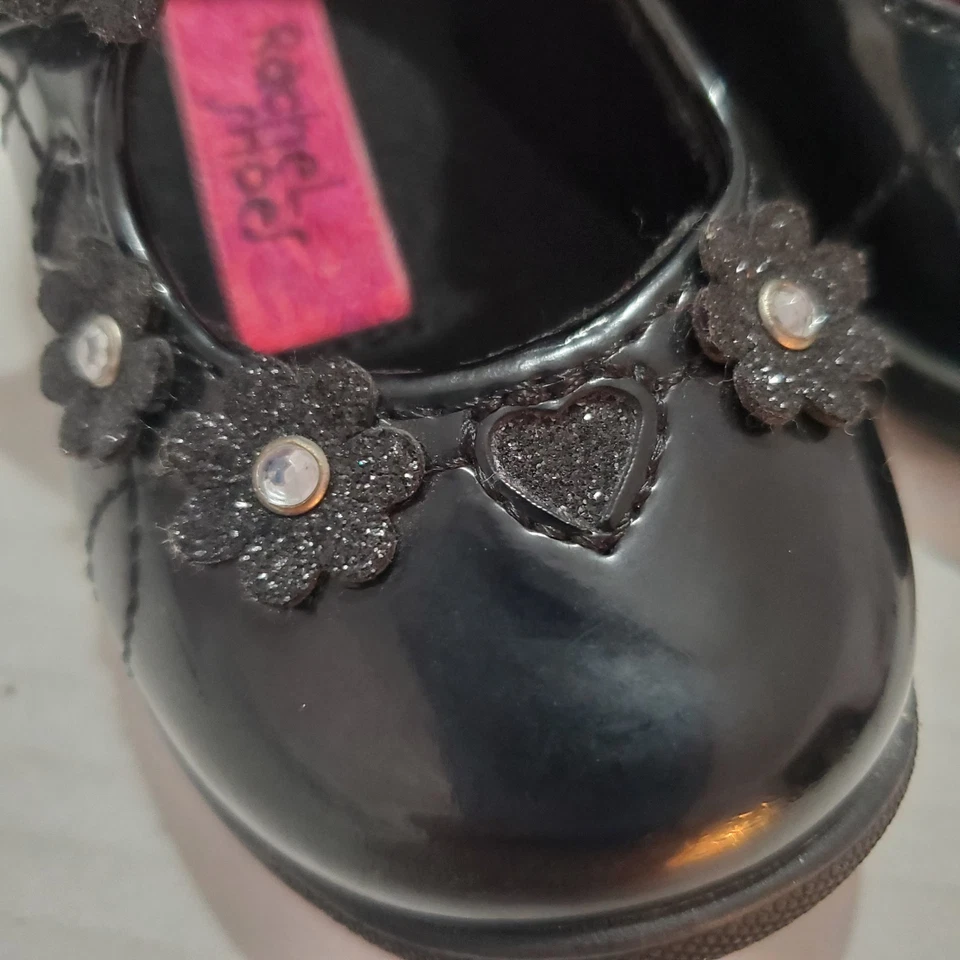 Rachel Shoes Alexia Black Baby Shoes With Floral Design And Rhinestones 3M NWOB - Image 2 of 4