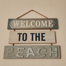 Beach Coastal Home Office Wall Pediment Decor Sign Blue White Wood Welcome To T