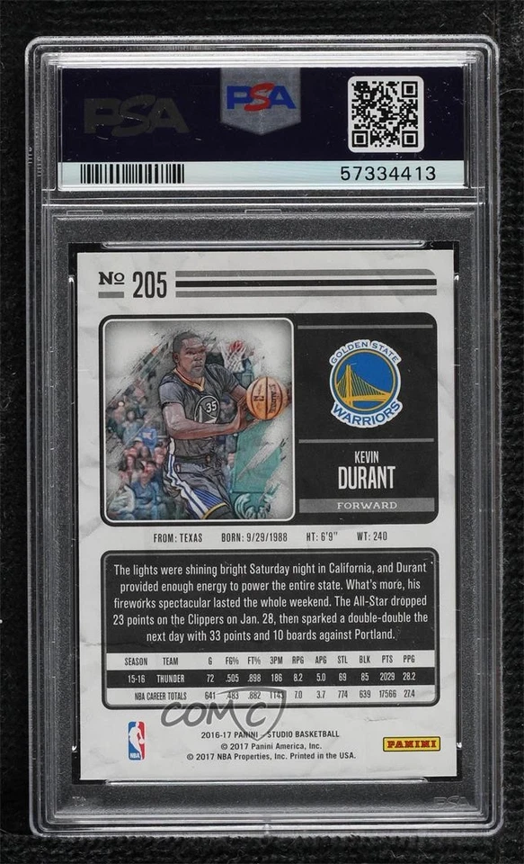 2016-17 Panini Studio Kevin Durant #205 PSA 10 GEM MT Sketch - Image 2 of 2