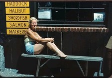 35 mm bordo rosso foto diapositiva Miami Fish Shop Ike Day finestra pubblicità anni 50 donna FL