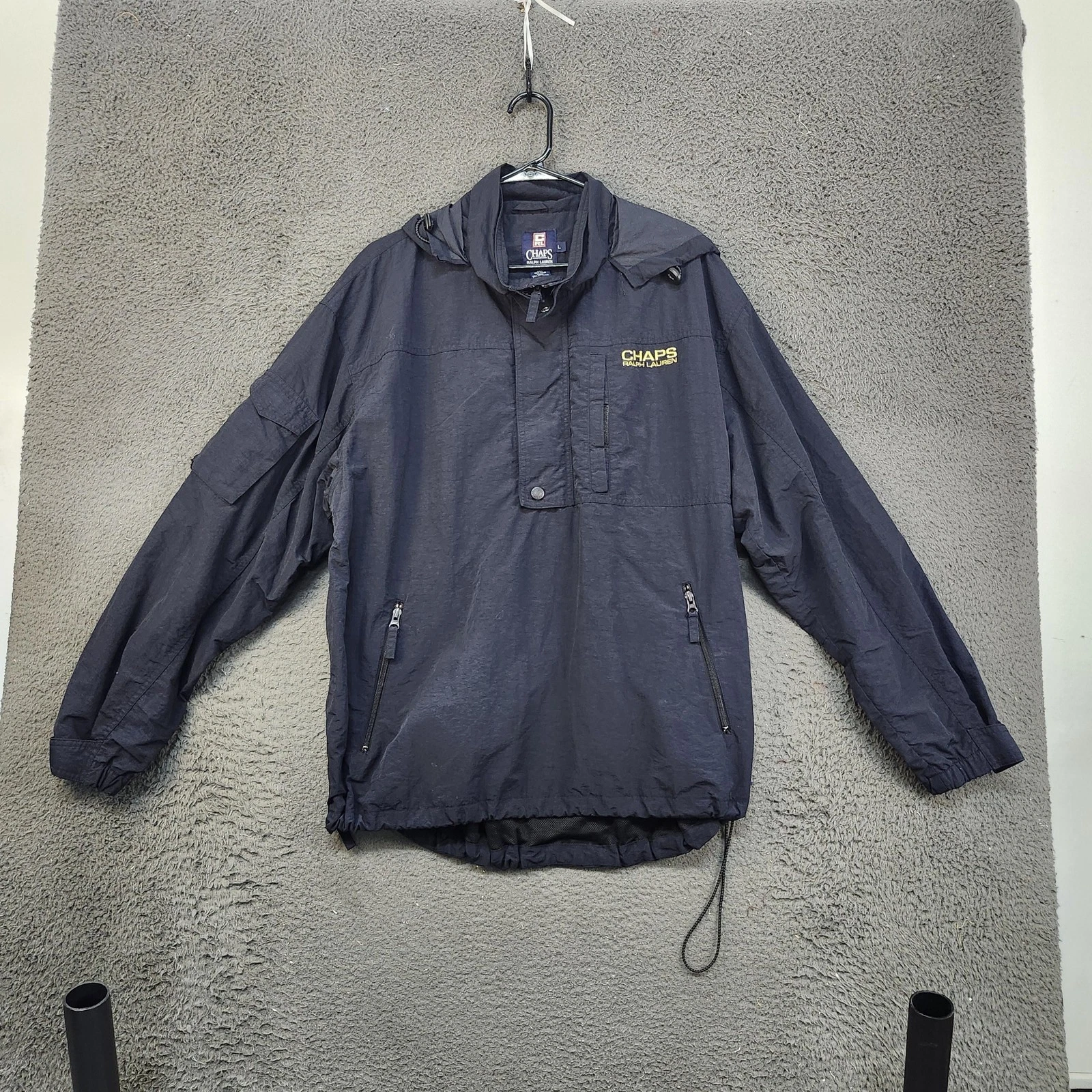 Chaps Ralph Lauren Jacket Mens Large Navy Hooded Pullover Windbreaker Anorak