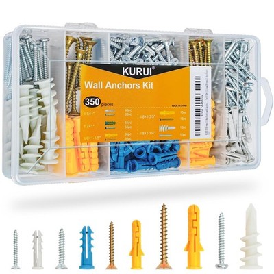 350 Pcs Wall Anchors, Flat Head Screws, 5 Sizes, Picture Hanging Set