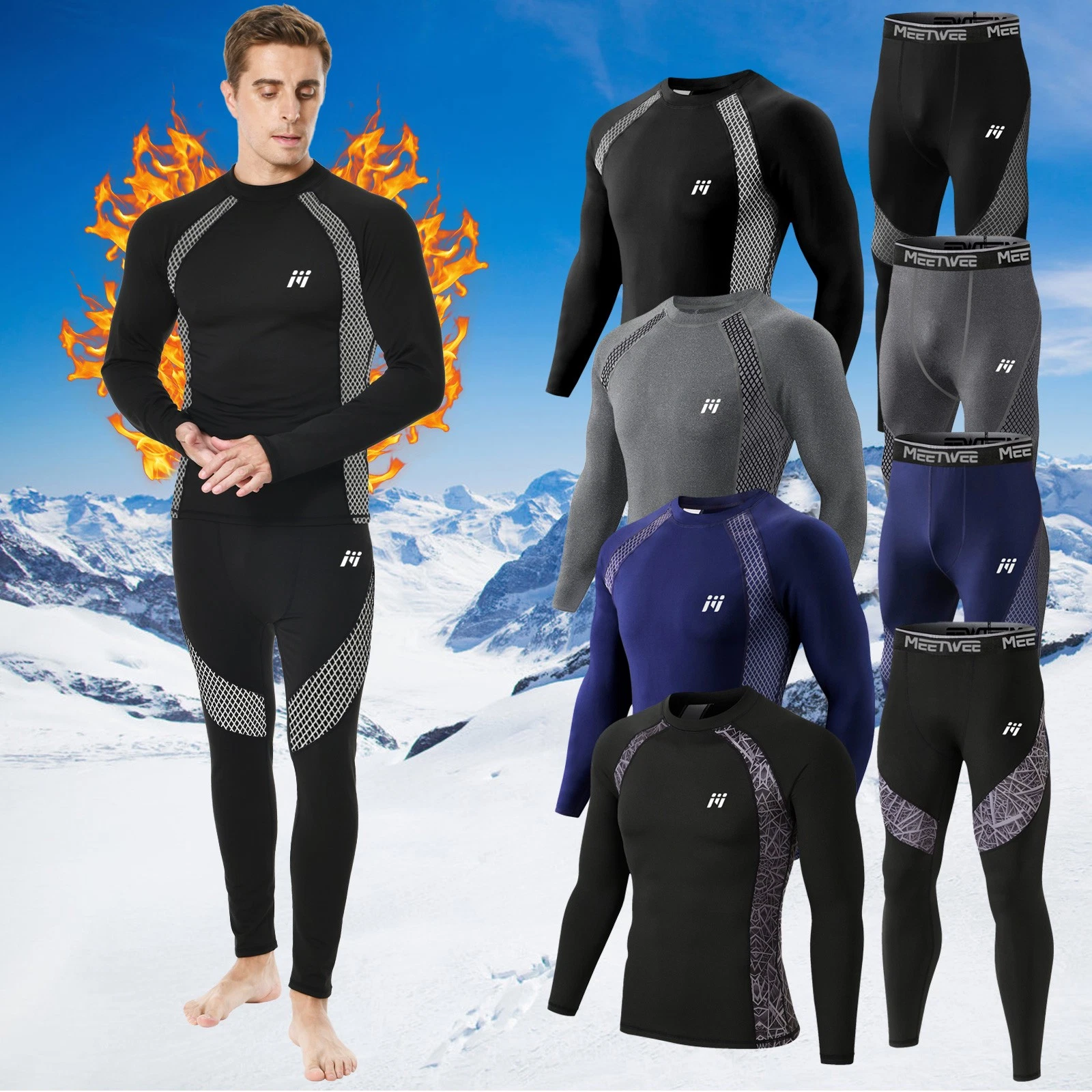 2pc/set Men's Thermal Underwear Fleece Base Layer Long Johns Top&pants Warm Soft