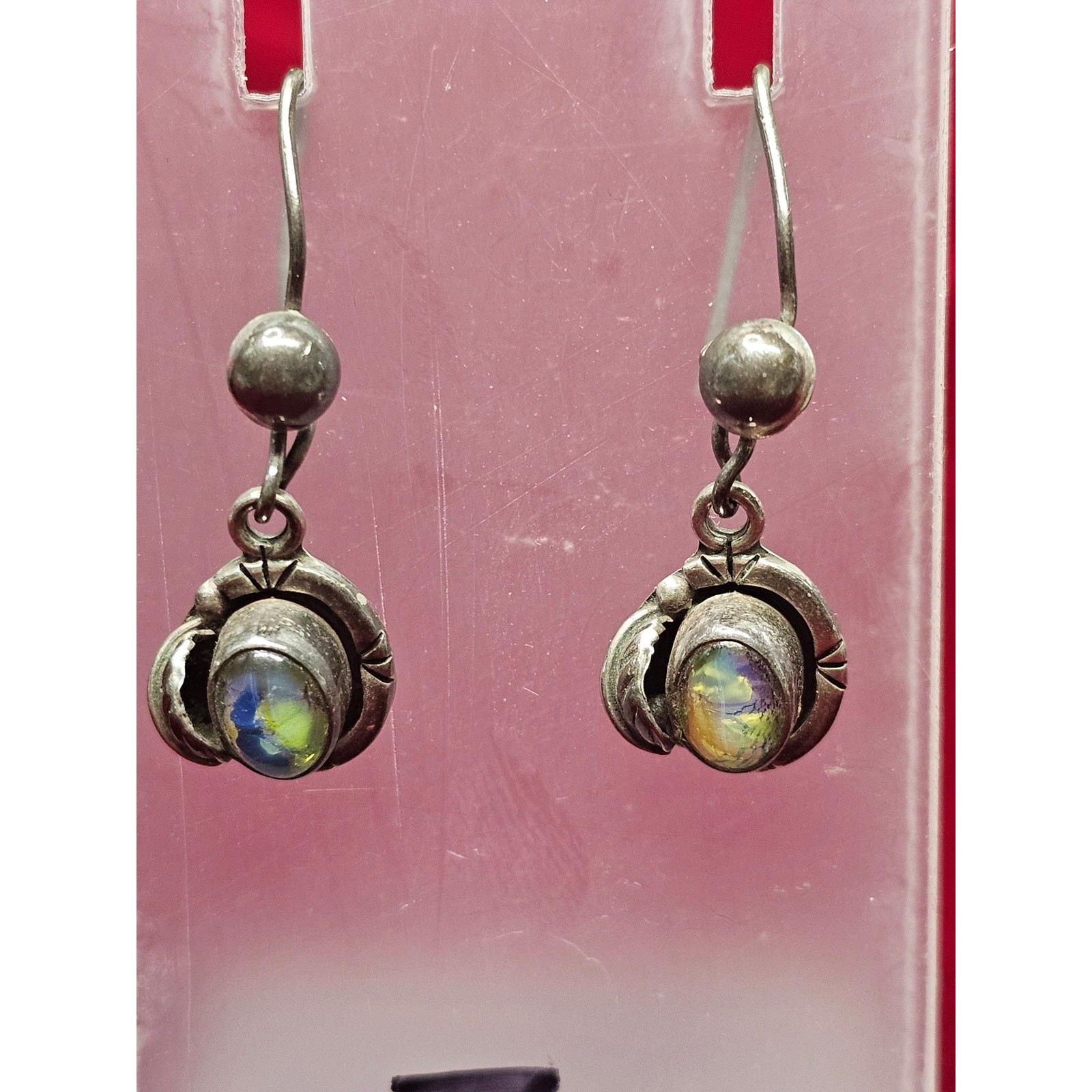 Vintage 925 Sterling Silver Iridescent Cabochon Dangle Earrings