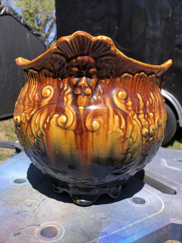 1920's Jardiniere Pottery Majolica Weller ART Nouveau Lions Head Planter 11.5"