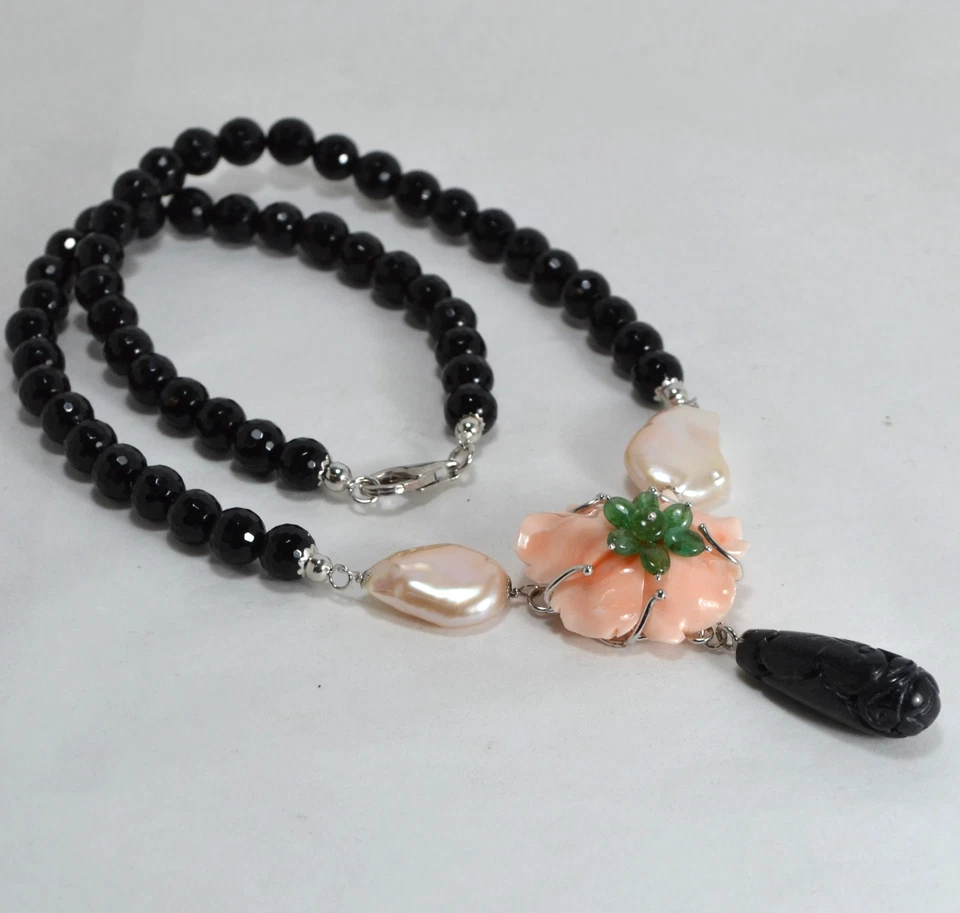 COLLANA IN ARGENTO 925 ONICE INCISO FIORE DI CORALLO ROSA E SMERALDI   AGLN 0290 - Immagine 2 di 4