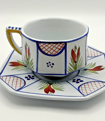 HENRIOT QUIMPER FAIENCE Mistral Blue Octagonal Lattice coffee up and saucer