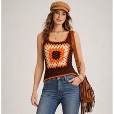 Handmade 70s Granny Square Crochet Vest Brown Orange Cream Boho Retro XS/S