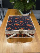 Vintage Velour Padded Double Handle Sewing Basket Large size