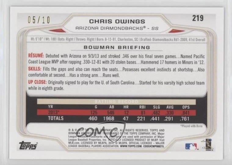 2014 Bowman Purple /10 Chris Owings #219 Rookie RC - Image 2 of 2