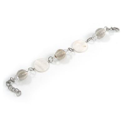 Armband silberfarben verdrahtete Kugeln und weiße Muschelperlen - 18 cm L/5 cm Ext