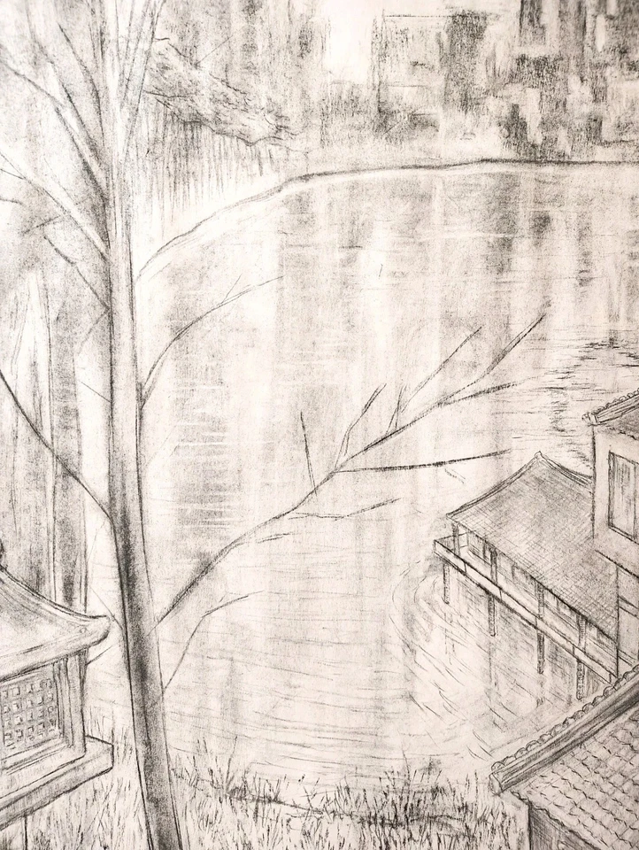 32 x 24 дюйма рисунок углем «Дом на озере» (размер плаката) от A. Avila - Изображение 3 из 4