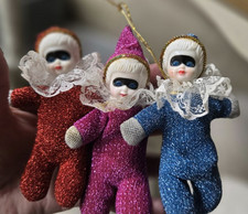 Vintage Pixie Clown Doll Ornament W/ Gold, Silver & Lace W/ Blue Blinking Eyes