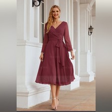 NWT STACEES MULBERRY A-LINE VNECK FULL LONG SLEEVE TEA LENGTH DRESS - SKU:343