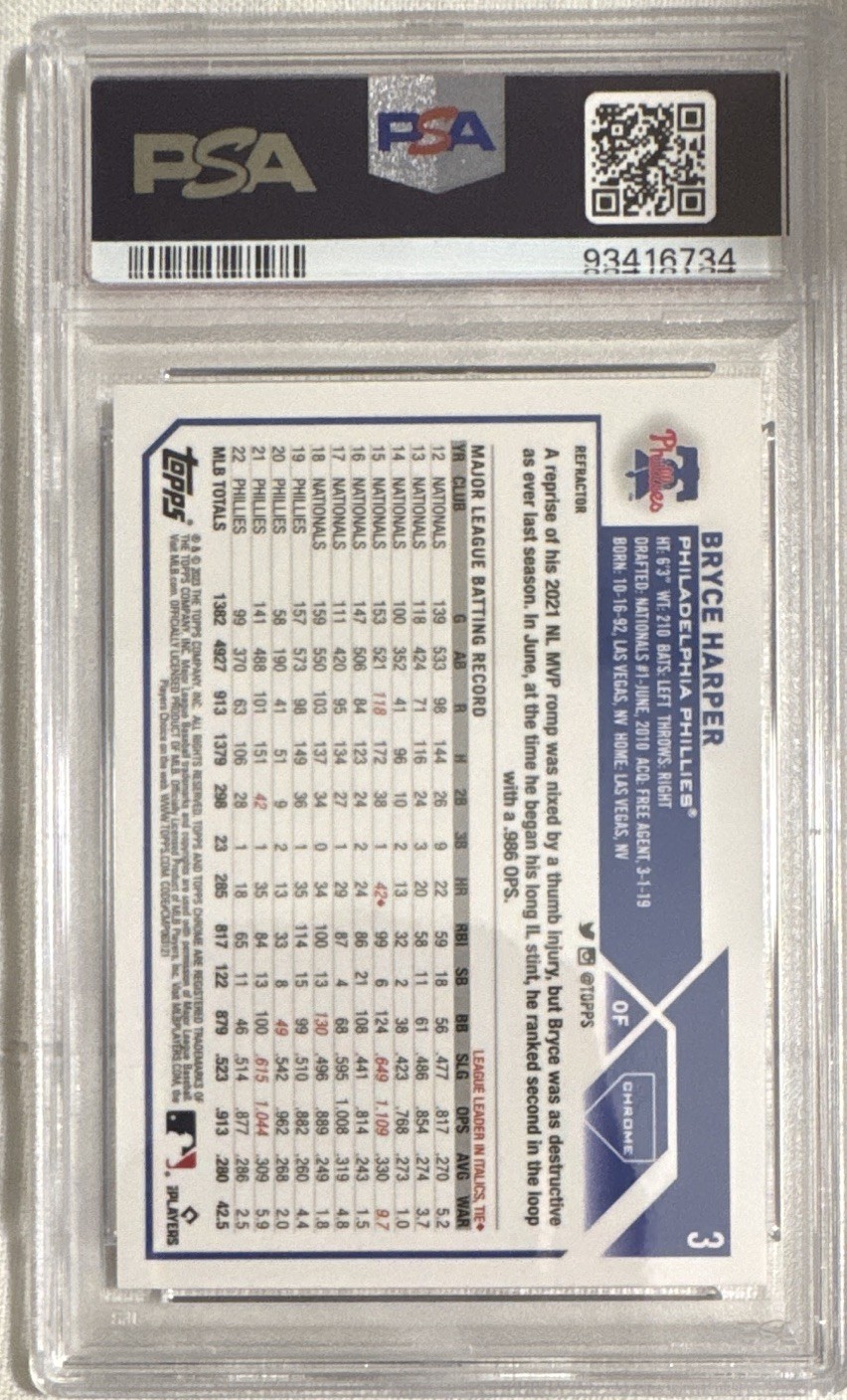 2023 TOPPS CHROME REFRACTOR #3 BRYCE HARPER PHILLIES BASEBALL PSA 10 view 2
