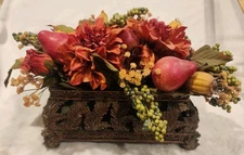 Silk Floral Arrangement Leaves Carved Trinket Box Centerpiece Old World Vintage 