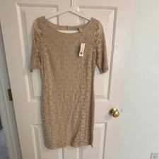 Banana Republic Beige Lace Floral Sheath Dress Boat Neck Half Sleeve Size 4