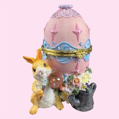 Studio 33 Easter Egg Trinket Box Pink Rabbit Figurine Handcrafted Vintage