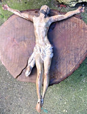 Antique French painted carved wooden Jesus figure crucifix chapel church gesso