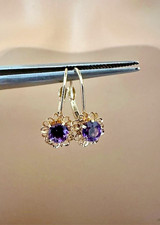 Estate 14K Yellow Gold Round Amethyst "Flower" Huggie Earrings
