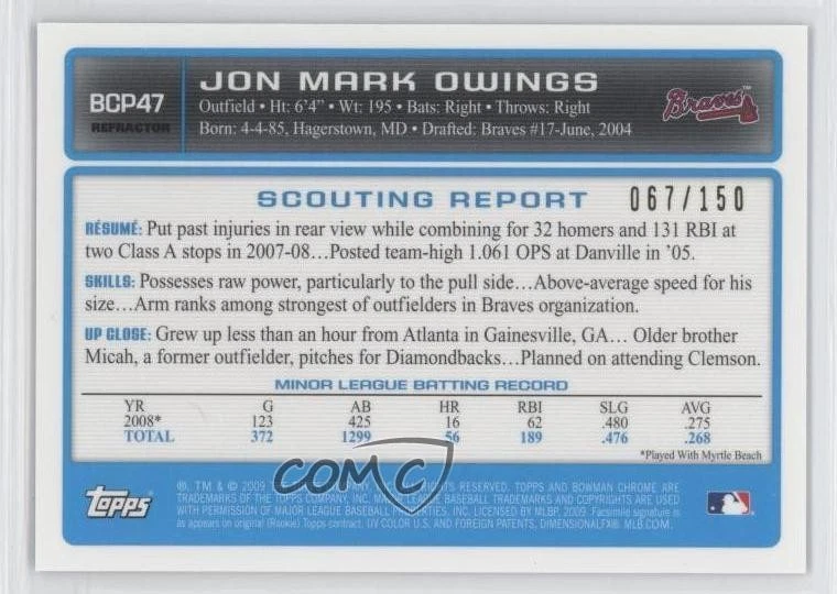 2009 Bowman Chrome Prospects Blue Refractor /150 Jon Owings Mark #BCP47 - Image 2 of 2