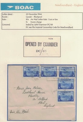 1944 BOAC CENSORED FLIGHT COVER, NEWFOUNDLAND, CANADA TO ENGLAND. - Image 1 of 3