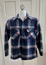 Pendleton 1970s 80s Wool Board Shirt Small Blue Plaid Loop Collar USA Made Vtg