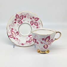 Pink Floral Teacup & Saucer Square 18K Gold Trim Vintage 1950s Clarence England 