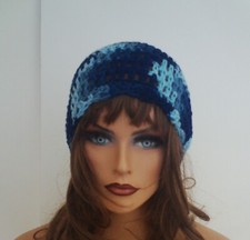 BLUE MULTI COLOR BEANIE CAP HAT HAND CROCHET BERET SKULL CAP CLOCHE TAM