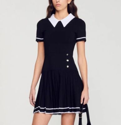 Sandro Collare A-line Dress Contrasting Fit Knit Pleated Mini Dress for Women