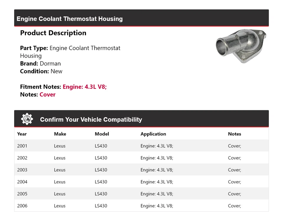 Carcasa termostato refrigerante motor Dorman V8 4,3 L Lexus LS430 2001-2006 2002 Foto 2 de 4