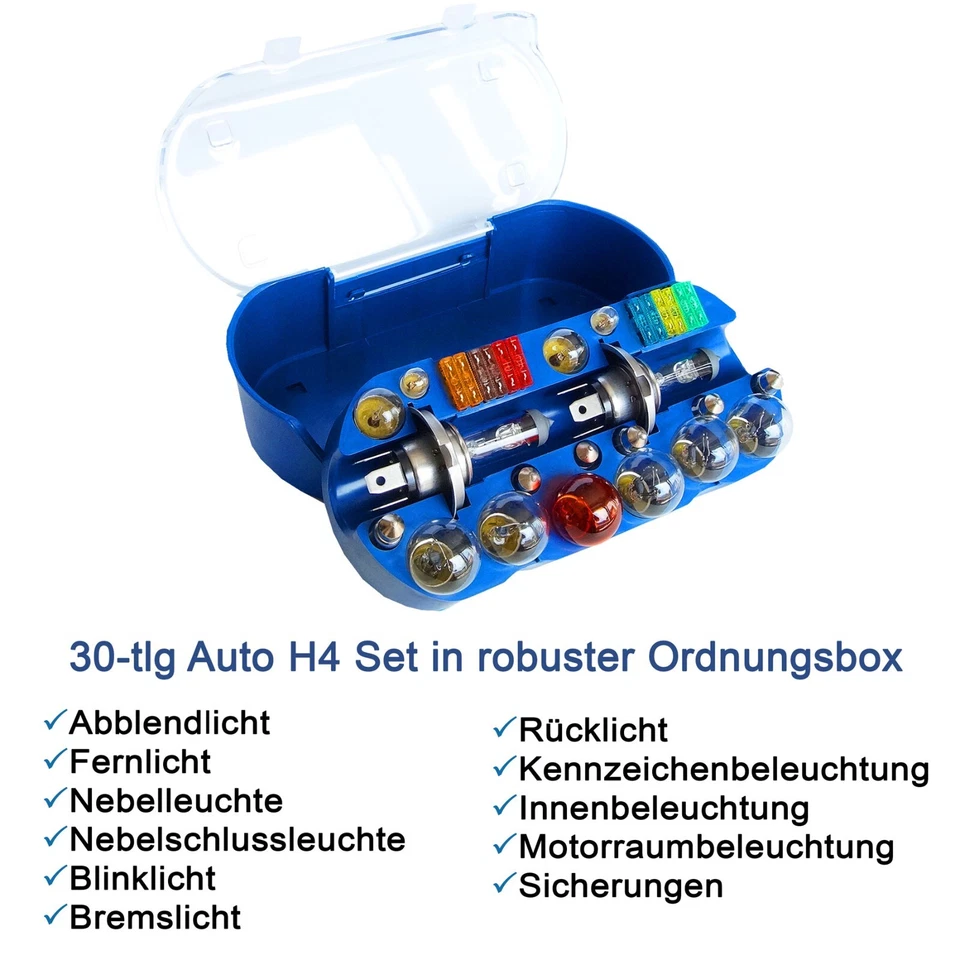 H4 Autolampen Set 30 tlg. 12V H4 Birnen Sicherungen Set KFZ Auto Lampenbox H4 - Bild 2 von 4