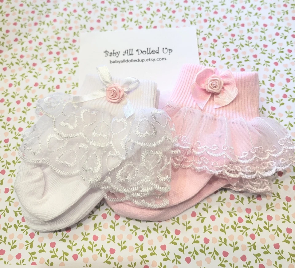 2 Piece Set Of Pink And White Lace Socks - Image 2 of 4