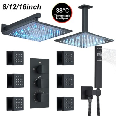 LED Thermostatic Shower Faucet Rainfall Body Massage Jets System W/Hand Spray