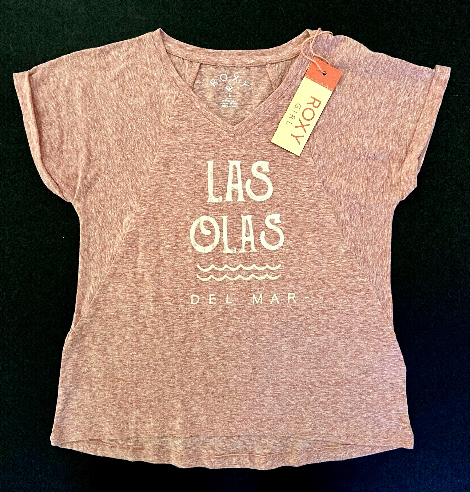 Roxy Girls Short Sleeve Pink Heather V-Neck 'Las Olas Del Mar' Graphic T-Shirt image 2
