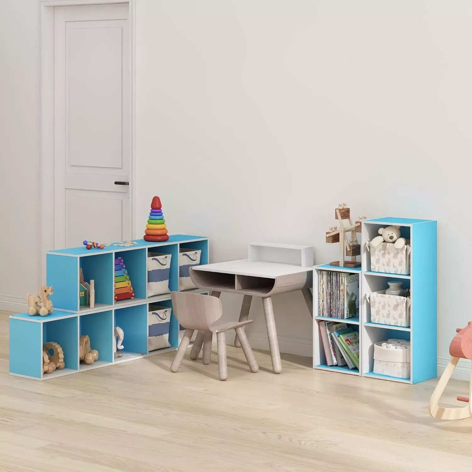 Luder Bookcase / Book / Storage, 4-Tier Cube, Light Blue/White