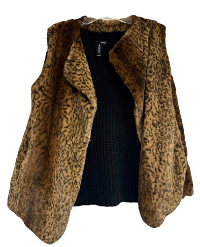 New NWT AQUA Brown Black Knit Combo Faux Fur Front Vest Jacket $148 L Leopard - Picture 3 of 5