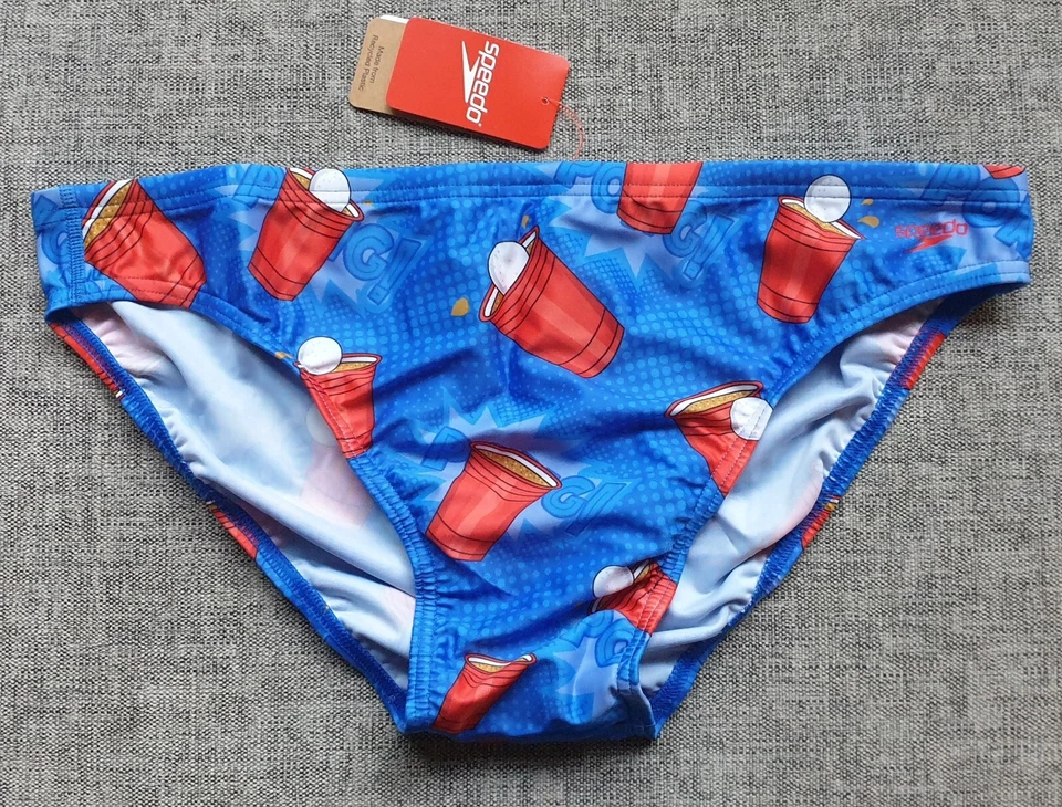 Speedo Mens Escape Beer Pong Games Swim Briefs Trunks 5cm Blue Size M-L 14-16
