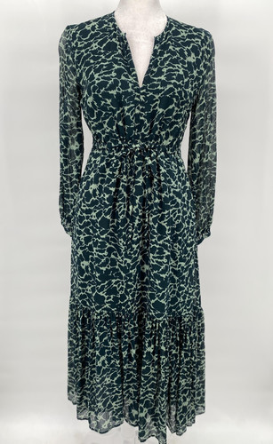 Olivia James The Label Dress Women XS Green Sheer Animal Print Tiered Midi Party