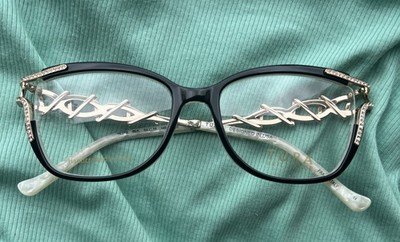 Tura Brilliance Eyeglasses Frames TE272 BLK Black Ivory Gold Crystals 54-16-145