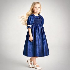 Vintage POLLY FLINDERS Rare Hand-Smocked Dress Size 7 Iridescent Navy Blue MINT