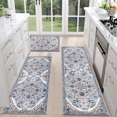 HEBE Farmhouse Kitchen Rugs Sets of 3 Non Slip Washable Boho Kitchen Rugs and 