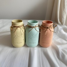 Set of 3 chalk painted distressed Quart size mason jar vases  mix  match colors 