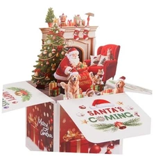 3D Pop Up Christmas Card with Santa, Dogs & Cats – Holiday Greeting Card for 
