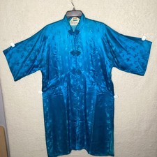 Oriental 100 Silk Women  s Solid Teal Floral Kimono Robe Size L Made Hong Kong