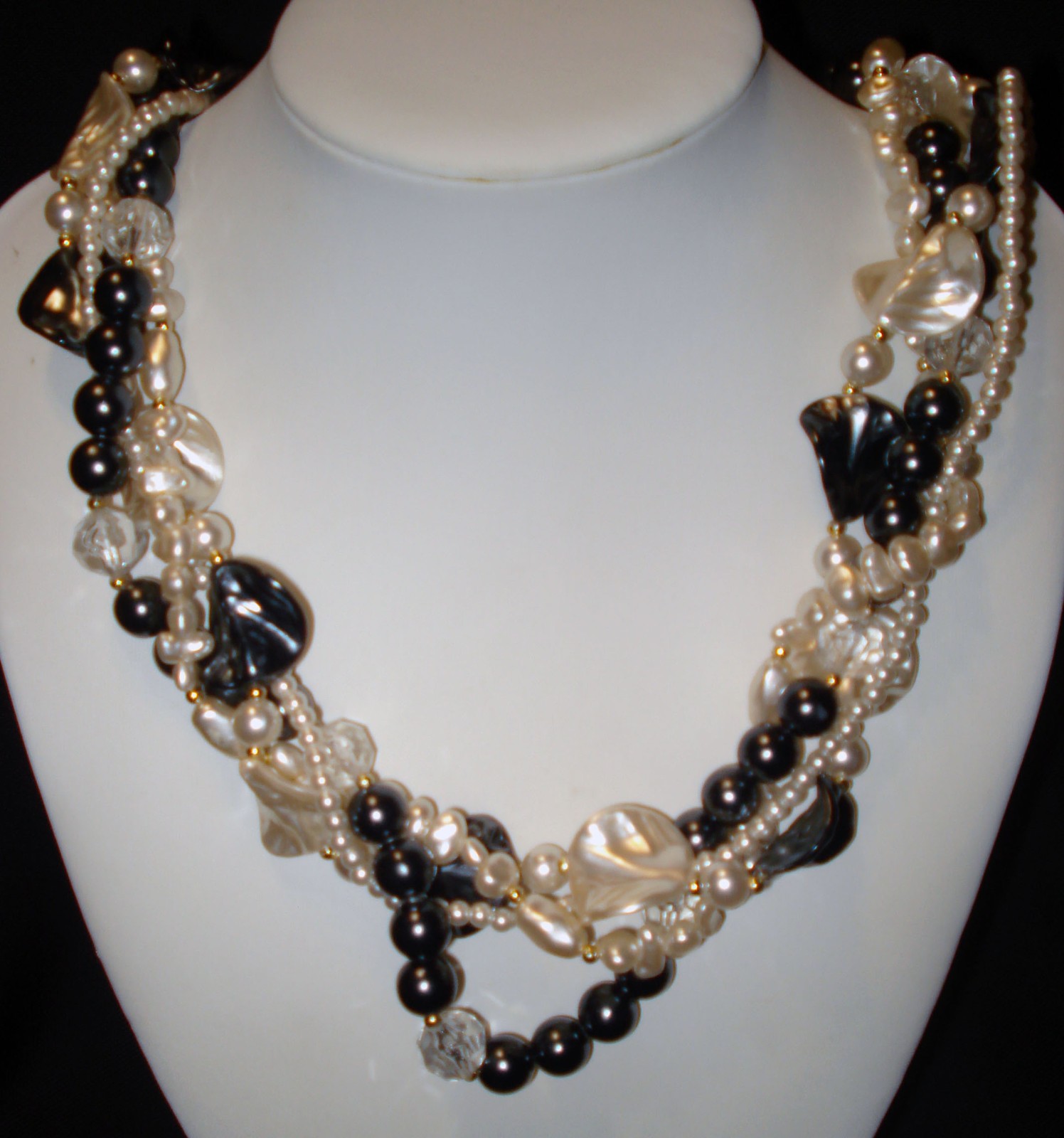 Gold Tone 4 Strand Faux Pearl Black Bead Beaded Costume Jewelry Necklace