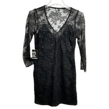 Express Dress Womens 12 Black Sheer Lace Floral Overlay V Neck 3/4 Sleeve Lined