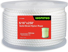 5/16 Inch X 250 Ft White Nylon Solid Braid Rope Abrasion UV Resistant, Low S