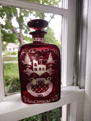 Ruby Cut Glass Deer Stag Bohemian Decanter with Stopper